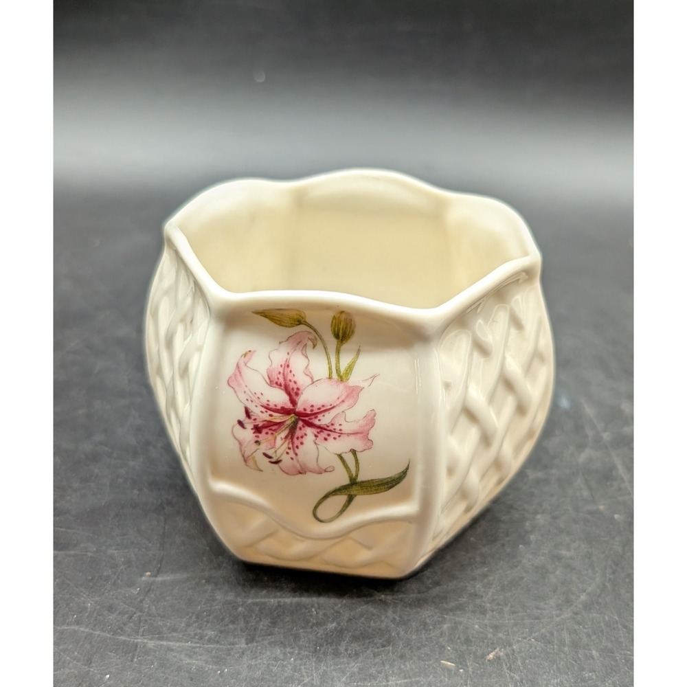 Belleek Ireland Pink Lily Basketweave Hexagon Parian China Bowl Blue Mark 1980s